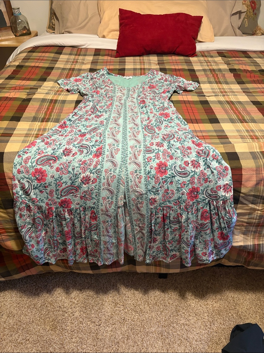 Women Floral Paisley Mint and Pink Short-Sleeve Dress